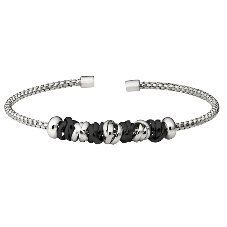 Sterling Silver Bracelets With Charms-Rhodium Finish Sterling Silver Rounded Box Link Cuff Bracelet with Rhodium and Black Rhodium Finish Interlocked Rings