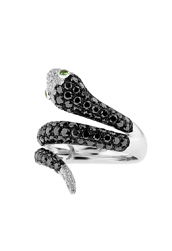 Affordable gold engagement rings-14K White Gold Black and White Diamond Snake Ring, 1.74 TCW