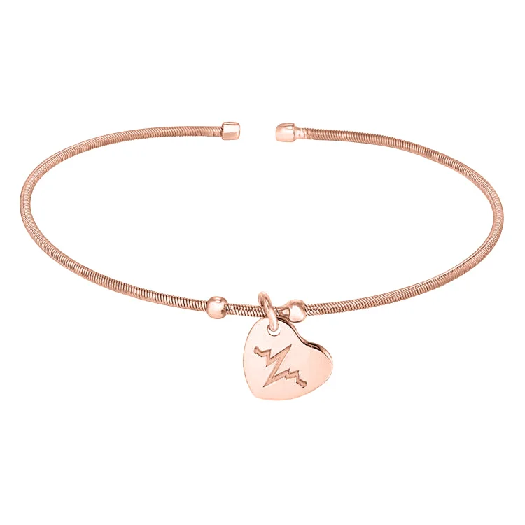 Beaded Charm Bracelets For Women-Rose Gold Finish Sterling Silver Cable Cuff Bracelet with a Dangling Polished Heart Charm with a Heartbeat Design.