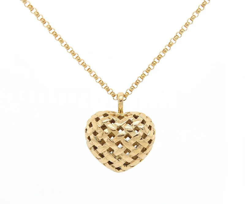 Layered Gold Pendant Necklaces -Vintage Tiffany & Co. Vannerie Basket Weave Heart Pendant Necklace in 18K