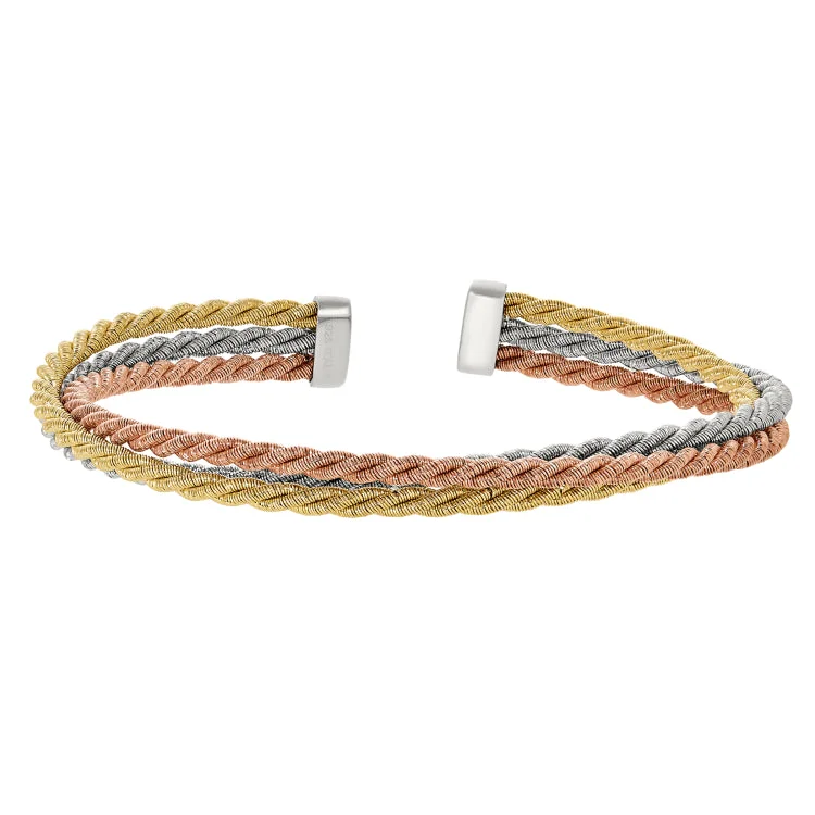 Adjustable Bangles Bracelets Set-Rhodium, Rose Gold and Gold Finish Sterling Silver Three Rope Twist Cuff Bracelet