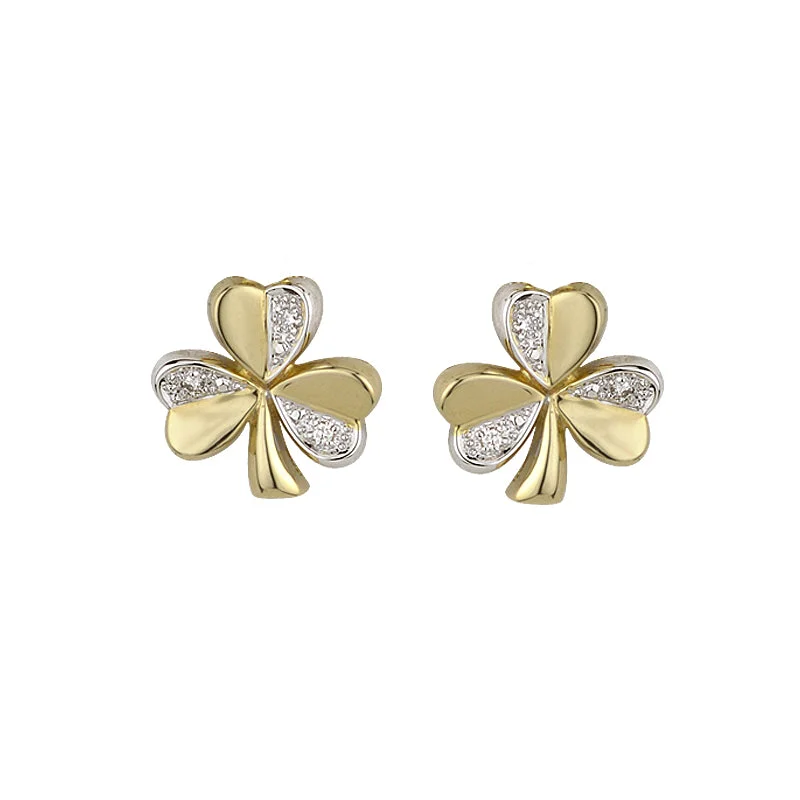 Classic Hoop Earrings-14K Two Tone Diamond Shamrock Stud Earrings