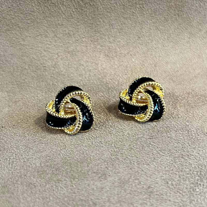 Designer Earrings-Black Enamel Vintage Clip On Knot Earrings