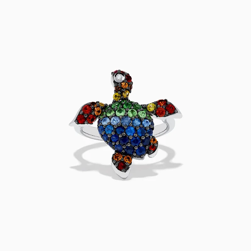 Silver engagement rings for men-925 Seaside Sterling Silver Mutli Sapphires Turtle Ring