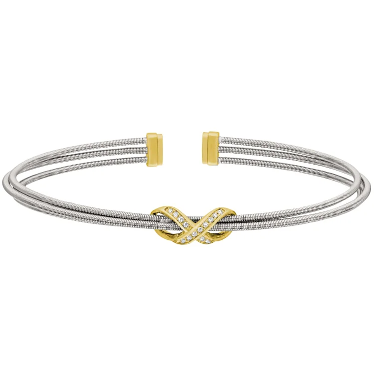 Handcrafted Bracelets For Women-Rhodium Finish Sterling Silver Three Cable Cuff Bracelet with Gold Finish Simulated Diamond Infinity