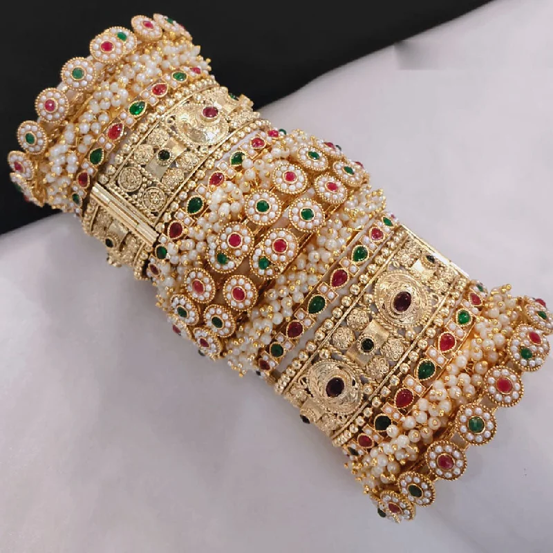 Colorful Bangles For Special Days-Akruti Collection Gold Plated Pota Stone And Pearl Openable Bangle Set