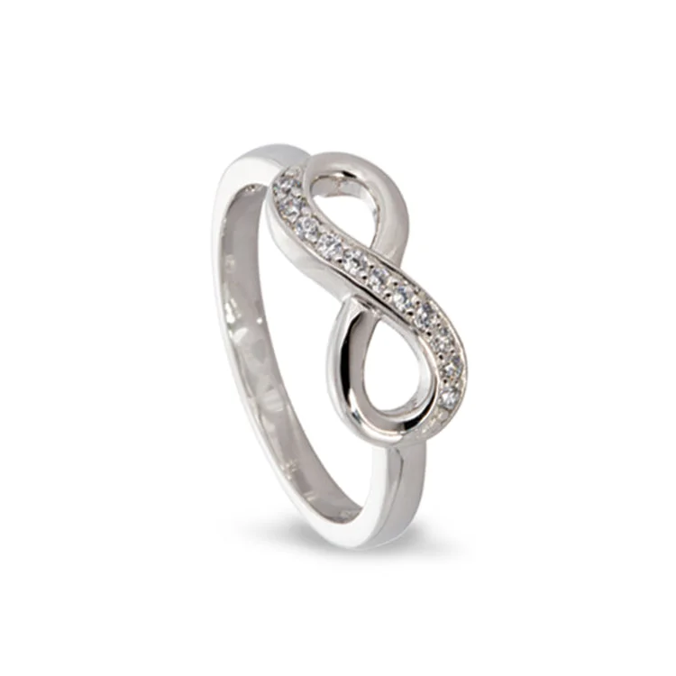 Custom gold rings for men-Platinum Finish Sterling Silver Micropave Infinity Ring with Simulated Diamonds