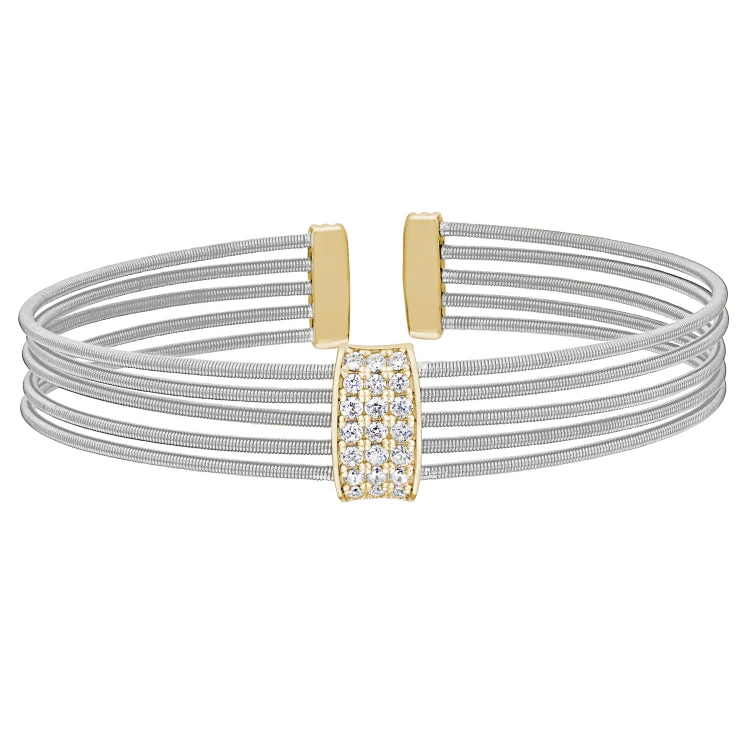 Tennis Bracelets For Brides-Rhodium Finish Sterling Silver Multi Cable Cuff Bracelet with Gold Finish Simulated Diamond Three Rows