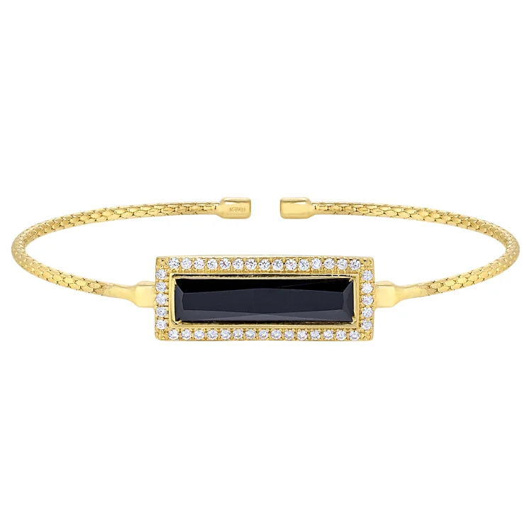 Charm Bracelets For Men With Names-Gold Finish Sterling Silver Cable Cuff Bracelet with Rectangular Simulated Onyx Stone and Simulated Diamonds