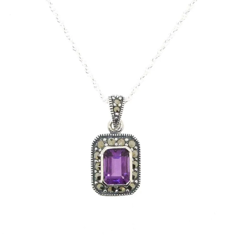 Simple Gemstone Necklaces -Art Deco Amethyst Pendant Necklace Silver Marcasite Square Purple Crystal