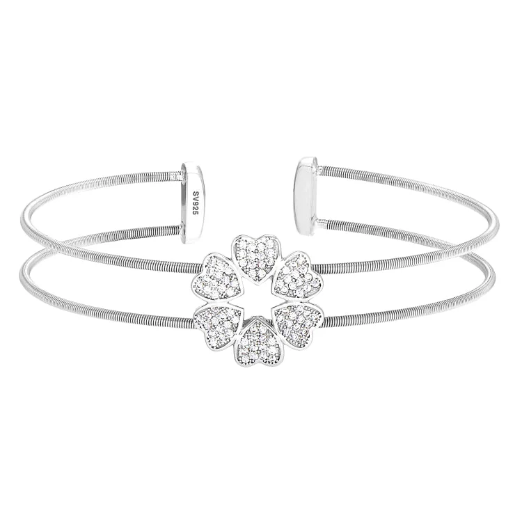 Trendy Bracelets For Teens-Rhodium Finish Sterling Silver Two Cable Cuff 5 Hearts Bracelet with Simulated Diamonds