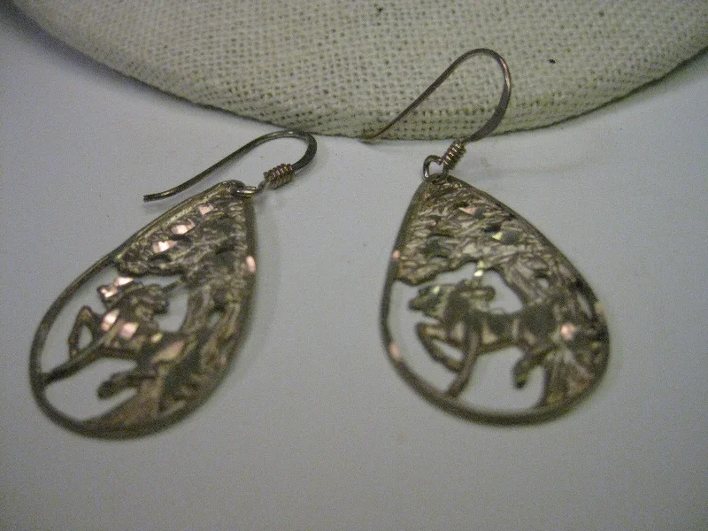 Beautiful Hoop Earrings-Vintage Sterling Silver Unicorn in the Woods Earrings, Diamond Cut, Dangle Pierced