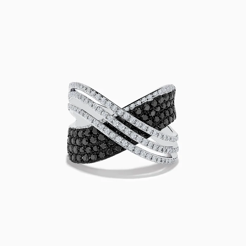 Simple wedding bands for women-14K White Gold White and Black Diamond Criss Cross Ring