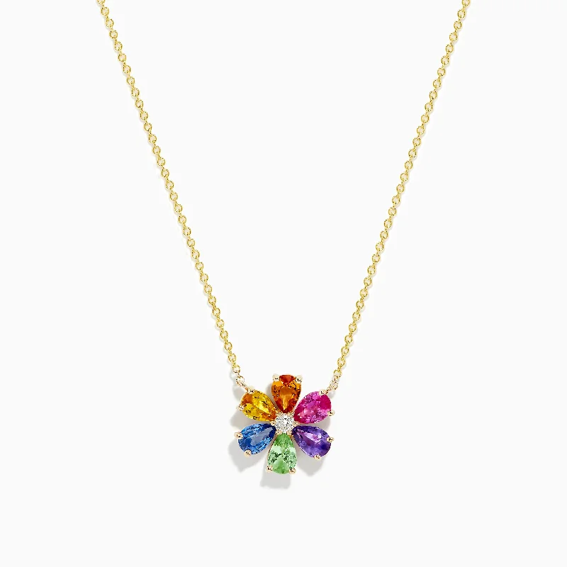 Beach Jewelry Necklaces -Watercolors 14K Gold Multi Sapphire and Diamond Flower Necklace