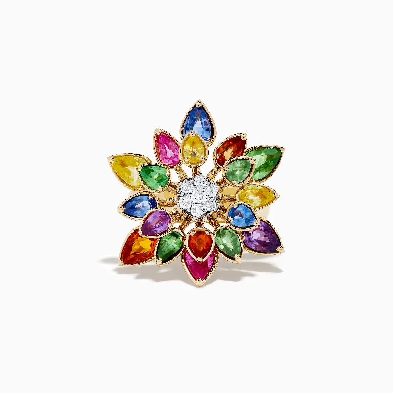 Unique promise rings with gemstones-Watercolors 14K Two-Tone Multi Sapphire Moving Petals Flower Ring