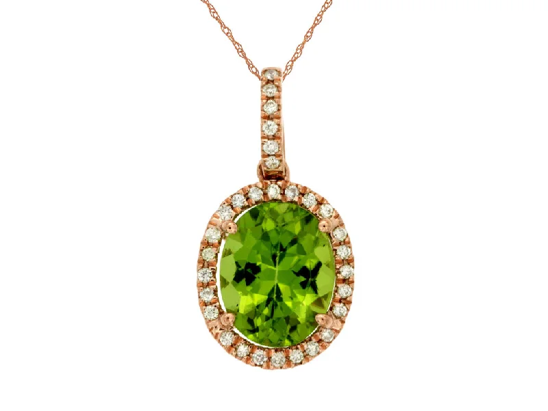 Custom Wedding Date Necklaces -Rose Gold Oval Peridot Halo Pendant Necklace