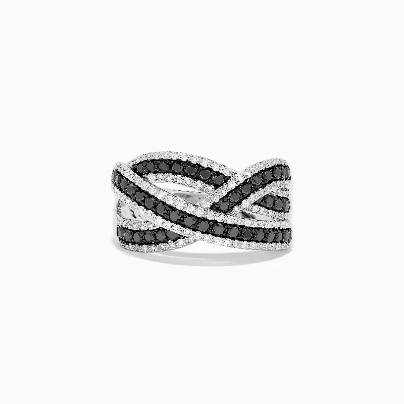 Fashion rings for men-14K White Gold Black and White Diamond Cross Over Ring