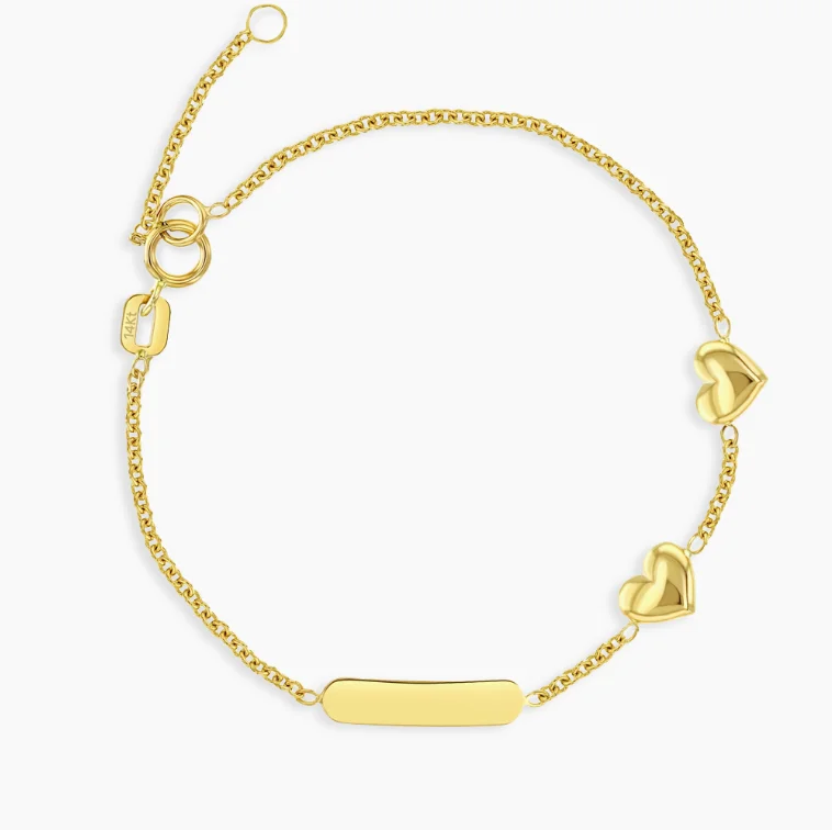 Minimalist Bracelets For Everyday Wear-Children's Engravable Gold and Puffy Heart Charm Bracelet