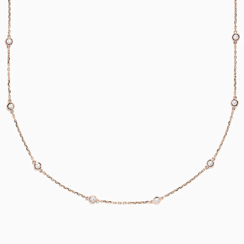 Vintage Choker Necklaces -14K Rose Gold 18" Diamond Station Necklace, 0.75 TCW