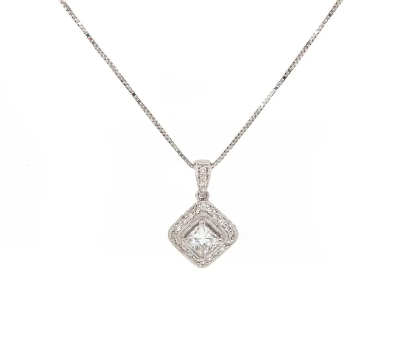 Stylish Necklaces -1.21ctw Princess and Round Diamond Frame Pendant Necklace in 14K