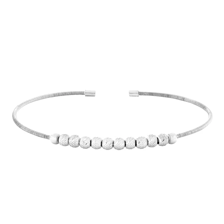 Sterling Silver Bracelets For Women-Rhodium Finish Sterling Silver Cable Cuff Bracelet with Ten Diamond Cut Spinning Beads