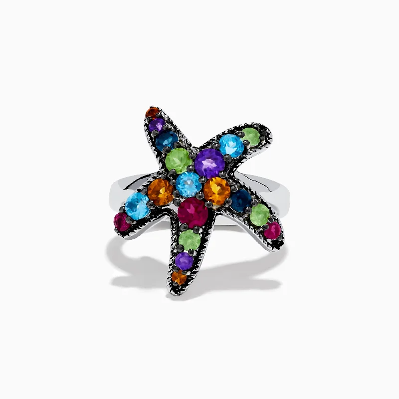 Personalized wedding bands with gemstones-925 Sterling Silver Multi Color Gemstone Starfish Ring