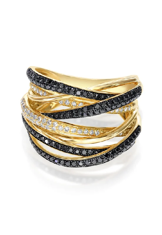 Men's wedding bands-14K Yellow Gold Black and White Diamond Ring, 0.74 TCW