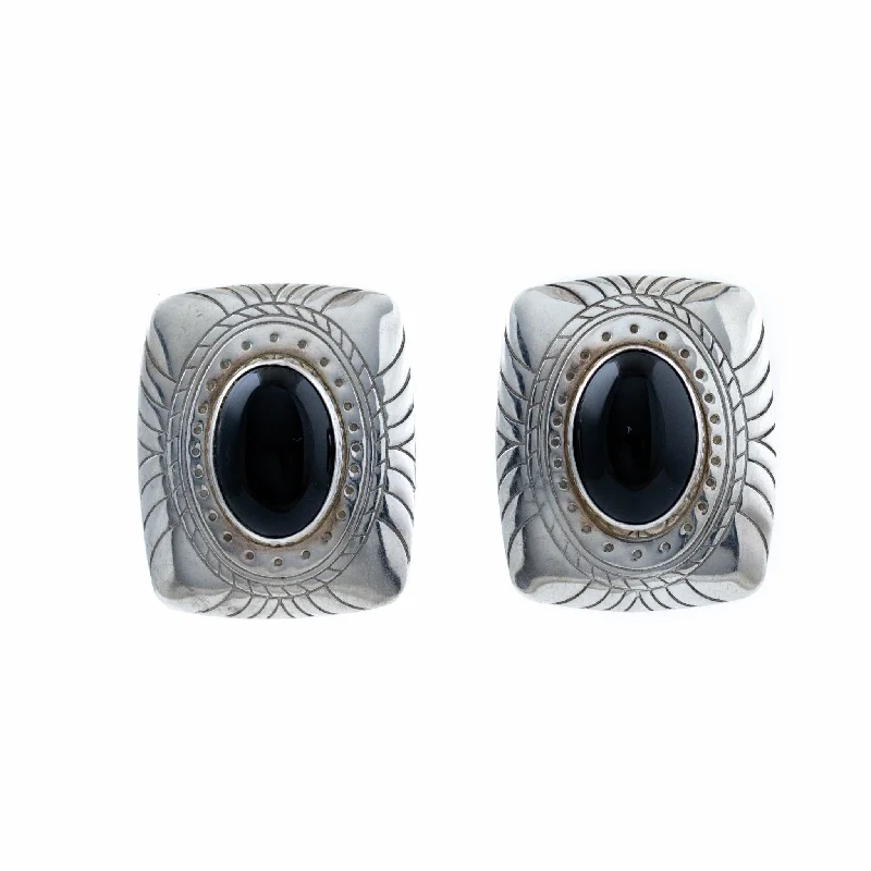 Bold Hoop Earrings-Ornate 1970's Onyx Earrings