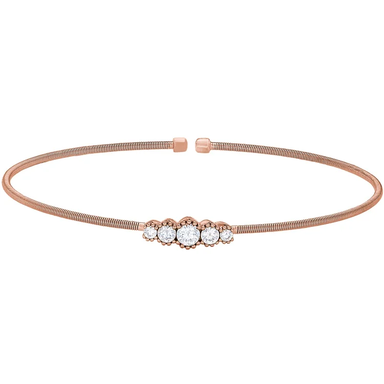 Classic Charm Bracelets For Women-Rose Gold Finish Sterling Silver Cable Cuff Bracelet with Graduated Five Stone Simulated Diamonds