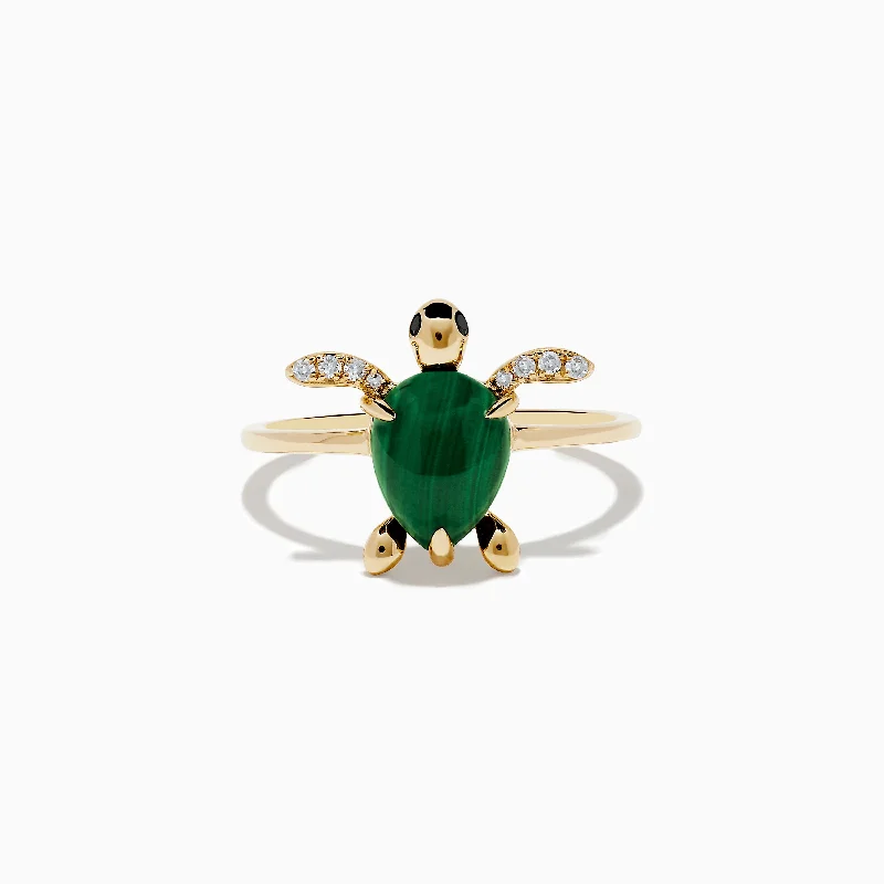 Unique promise rings for couples-Seaside 14K Yellow Gold Malachite and Diamond Turtle Ring