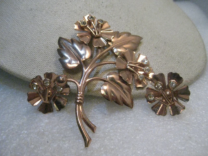 Custom Drop Earrings-Vintage Sterling Copper Floral Brooch, Matching Earrings Rhinestone Accents, 3.5", 1940's, 16.62gr.