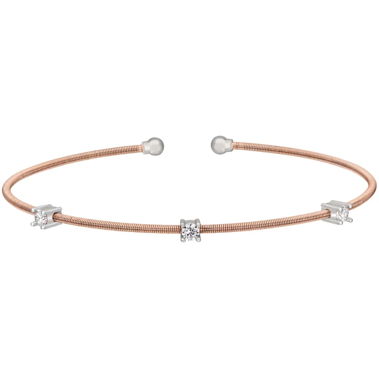 Crystal Embellished Bracelets For Women-Rose Gold Finish Sterling Silver Cable Cuff Bracelet with Three Rhodium Finish Simulated Diamonds