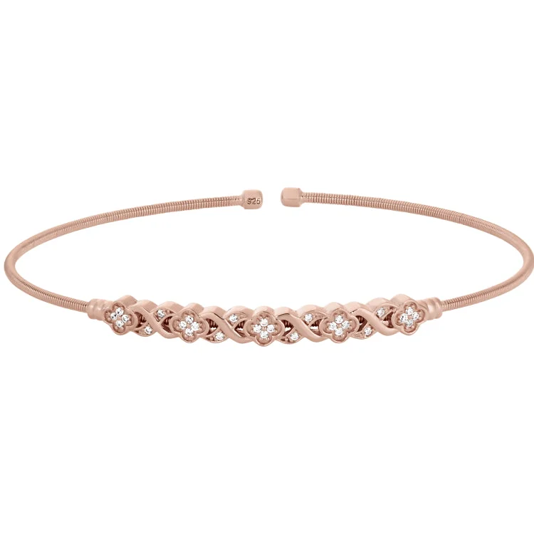 Custom Charm Bracelets For Kids-Rose Gold Finish Sterling Silver Cable Cuff Bracelet with Simulated Diamond XO Flower Design