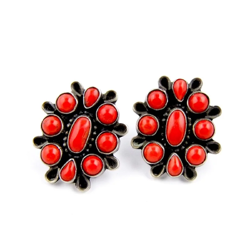 Sparkling Earrings-Coral Zuni Cluster Earrings