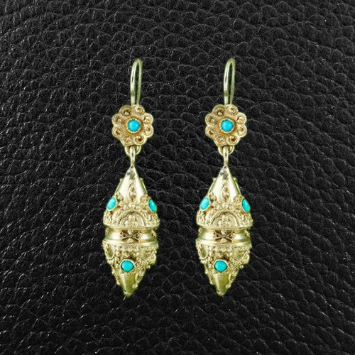 Handcrafted Earrings For Gift-Gold & Turquoise Etruscan Revival Earrings