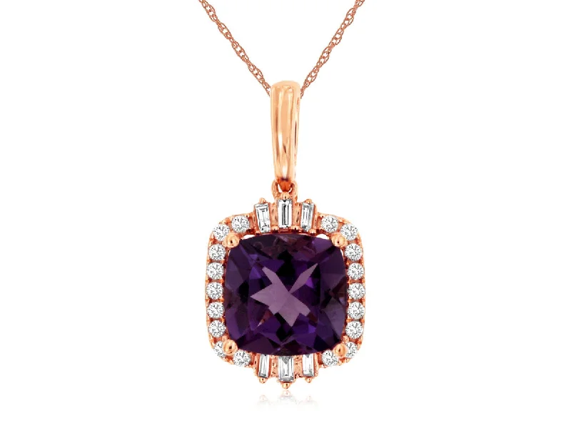 Personalized Zodiac Necklaces -Rose Gold Cushion Cut Amethyst and Diamond Halo Pendant Necklace with Baguette Diamonds