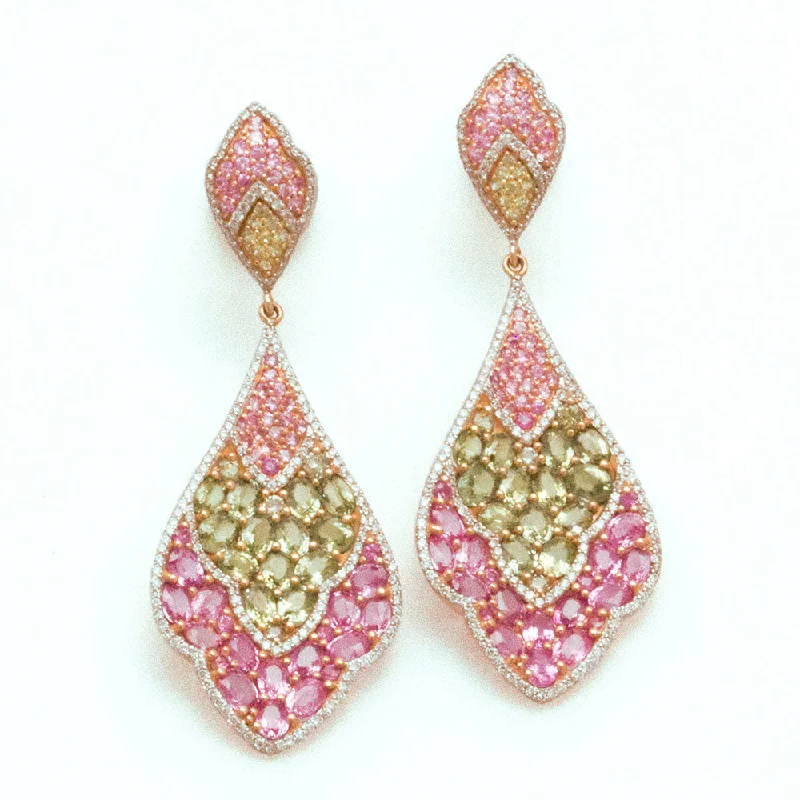 Women's Silver Earrings-Pink & Green Sapphire Drop Earring