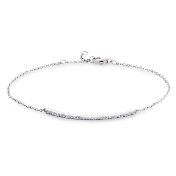 Luxury Diamond Bracelets For Weddings-Platinum Finish Sterling Silver Micropave Curved Bar Adjustable Bracelet with 31 Simulated Diamonds 6.5" - 7.5" Cable Chain