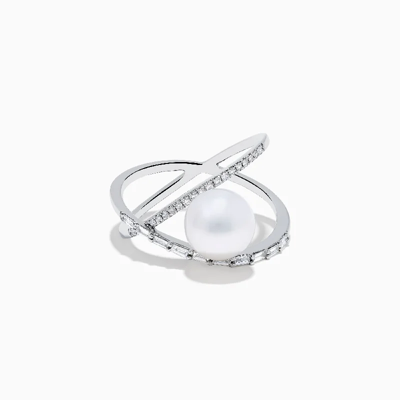 Statement rings-14K White Gold Fresh Water Pearl and Diamond Crossover Ring