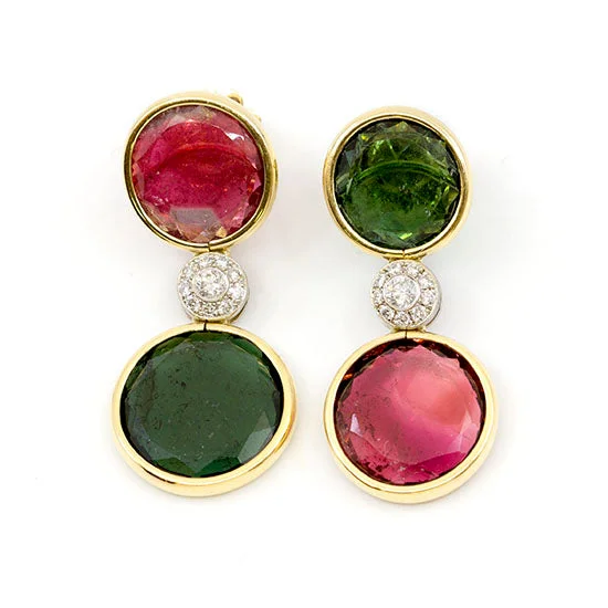 Big Drop Earrings-Transposed Green & Red Tourmaline Earring with Diamonds