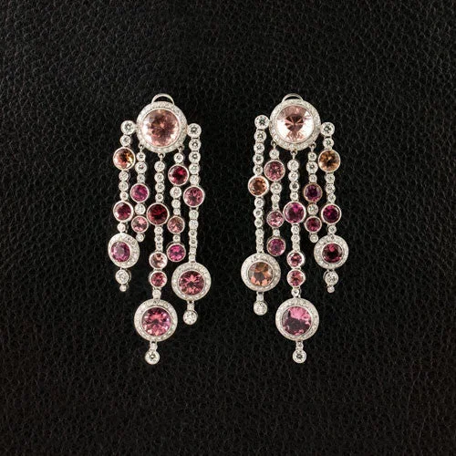 Multi-Layer Earrings-Pink Tourmaline & Diamond Dangle Estate Earrings