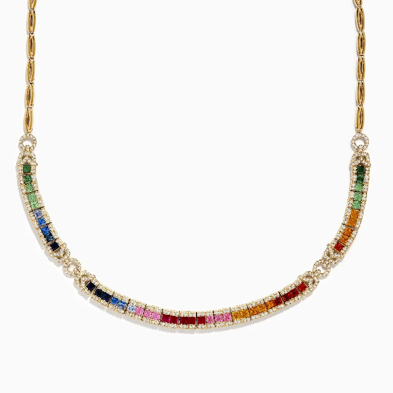 Long Necklaces -Watercolors 14K Yellow Gold Multi Sapphire and Diamond Necklace