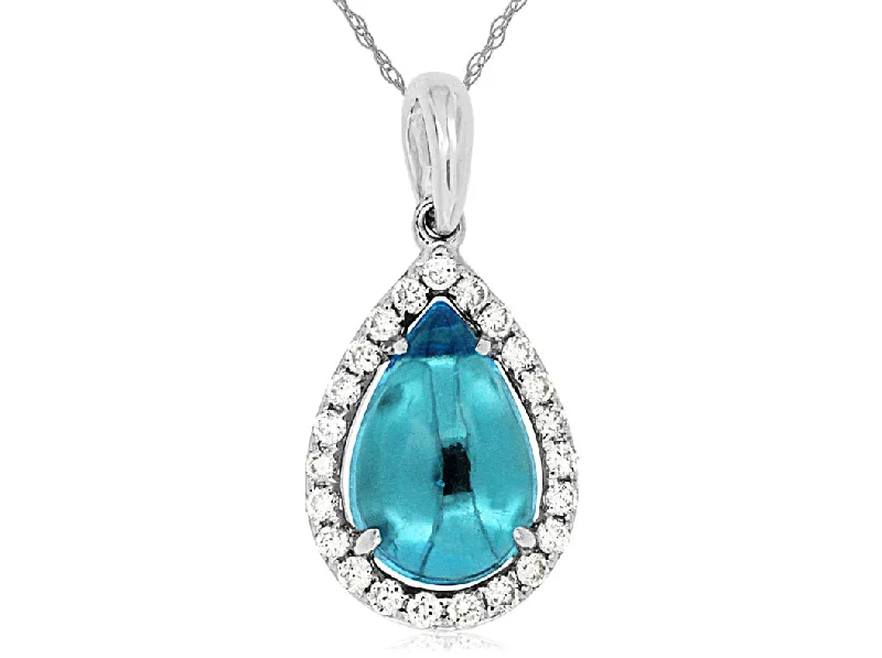 Designer Fashion Necklaces -White Gold Diamond and Blue Topaz Cabochon Necklace