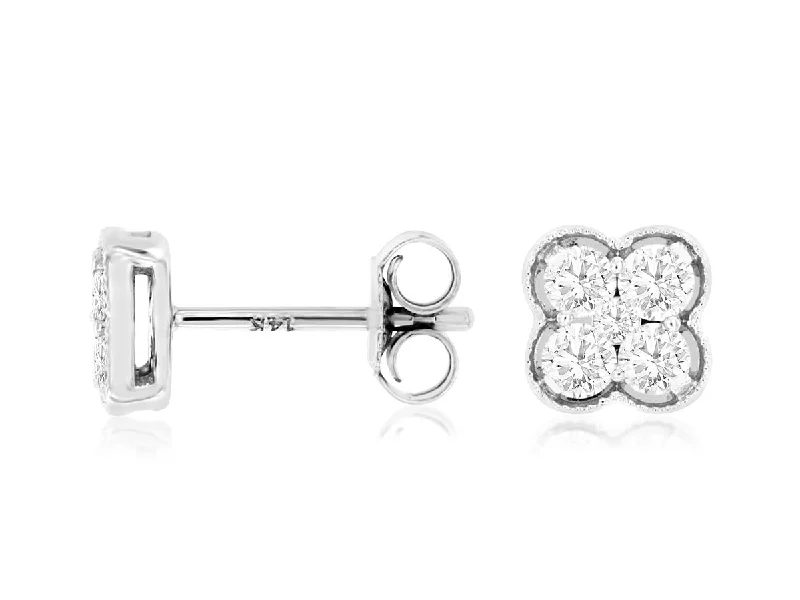 Handmade Earrings Set-14K White Gold Diamond Clover stud Earrings