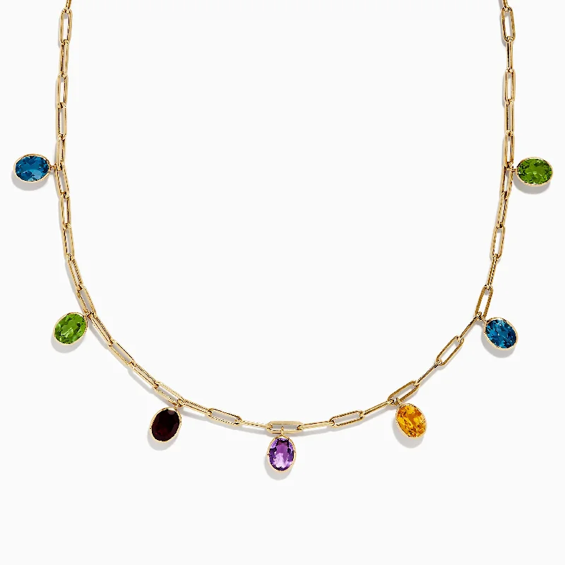 Classic Gold Pendant Necklaces -Mosaic 14K Yellow Gold Multi Gemstone Charm Necklace