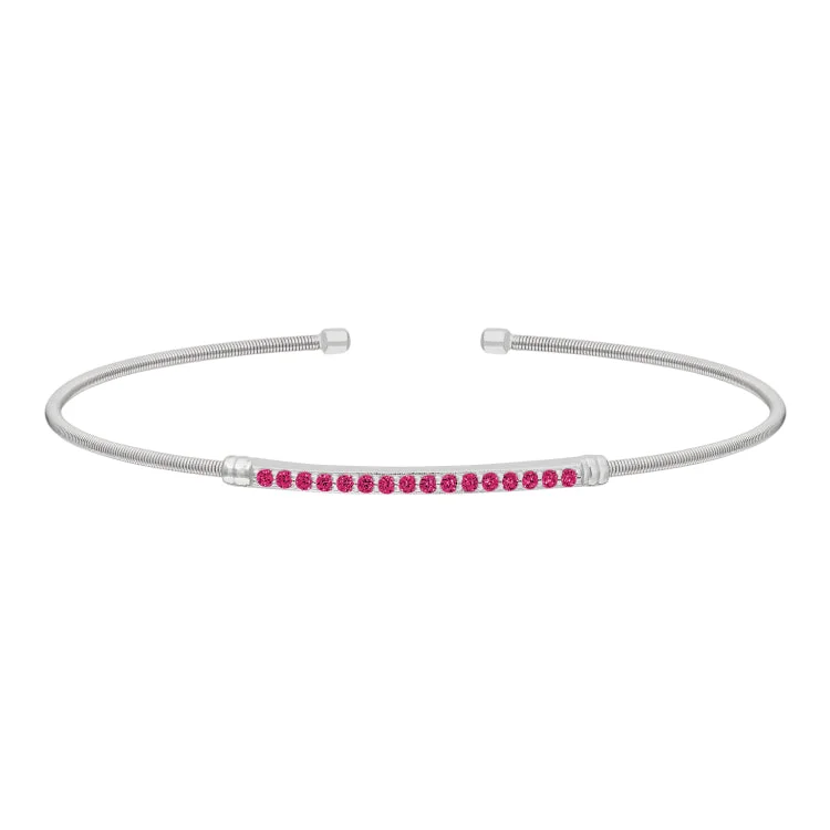 Elegant Gold Link Bracelets For Women-Rhodium Finish Sterling Silver Cable Cuff Bracelet with Simulated Ruby Birth Gems - July