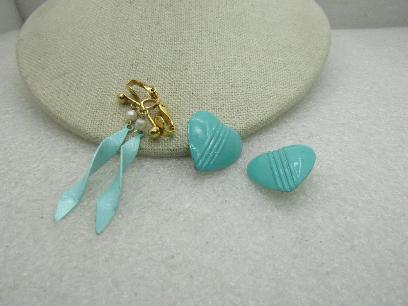 Fancy Hoop Earrings For Party-Vintage 2 Pair  Aqua/Teal Enameled Clip Earrings, Hearts, and Twisted Dangles.