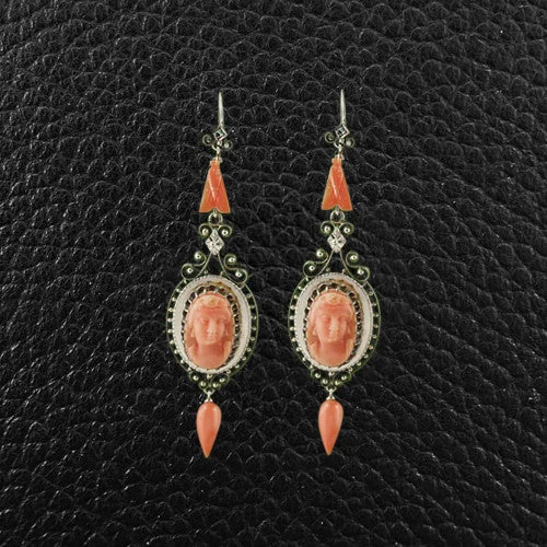 Personalized Earrings For Wedding-Carved Red Coral Antique Earrings