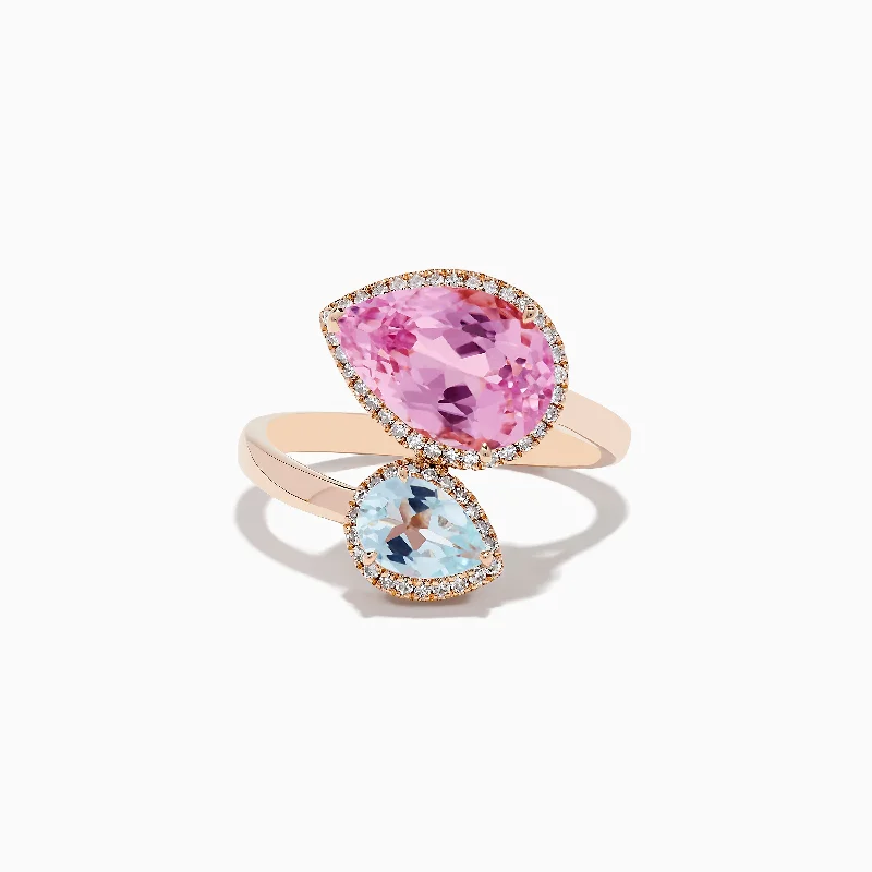 Men's wedding rings with diamonds-14K Rose Gold Kunzite and Aquamarine Diamond Toi et Moi Ring