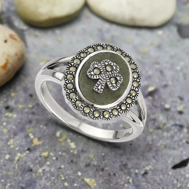 Men's wedding rings with diamonds-Connemara Marble Shamrock Ring